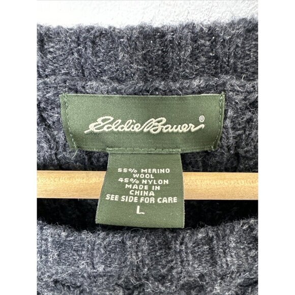 Eddie Bauer Men L Merino Wool Blend Charcoal Cable Knit Fisherman Sweater - Picture 3 of 5